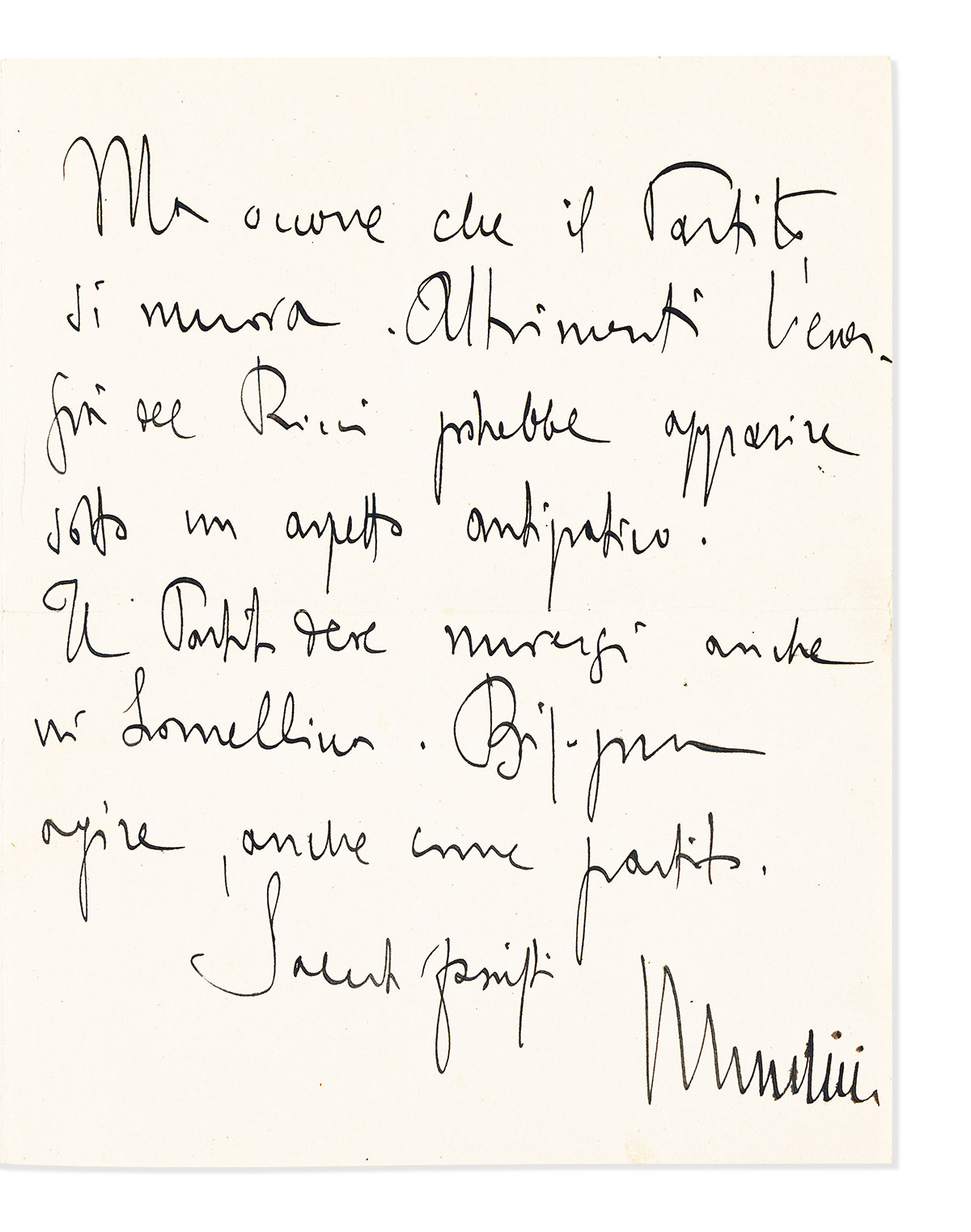 MUSSOLINI, BENITO. Autograph Letter Signed, Mussolini, to Dear [Francesco?] Giunta, in Italian,